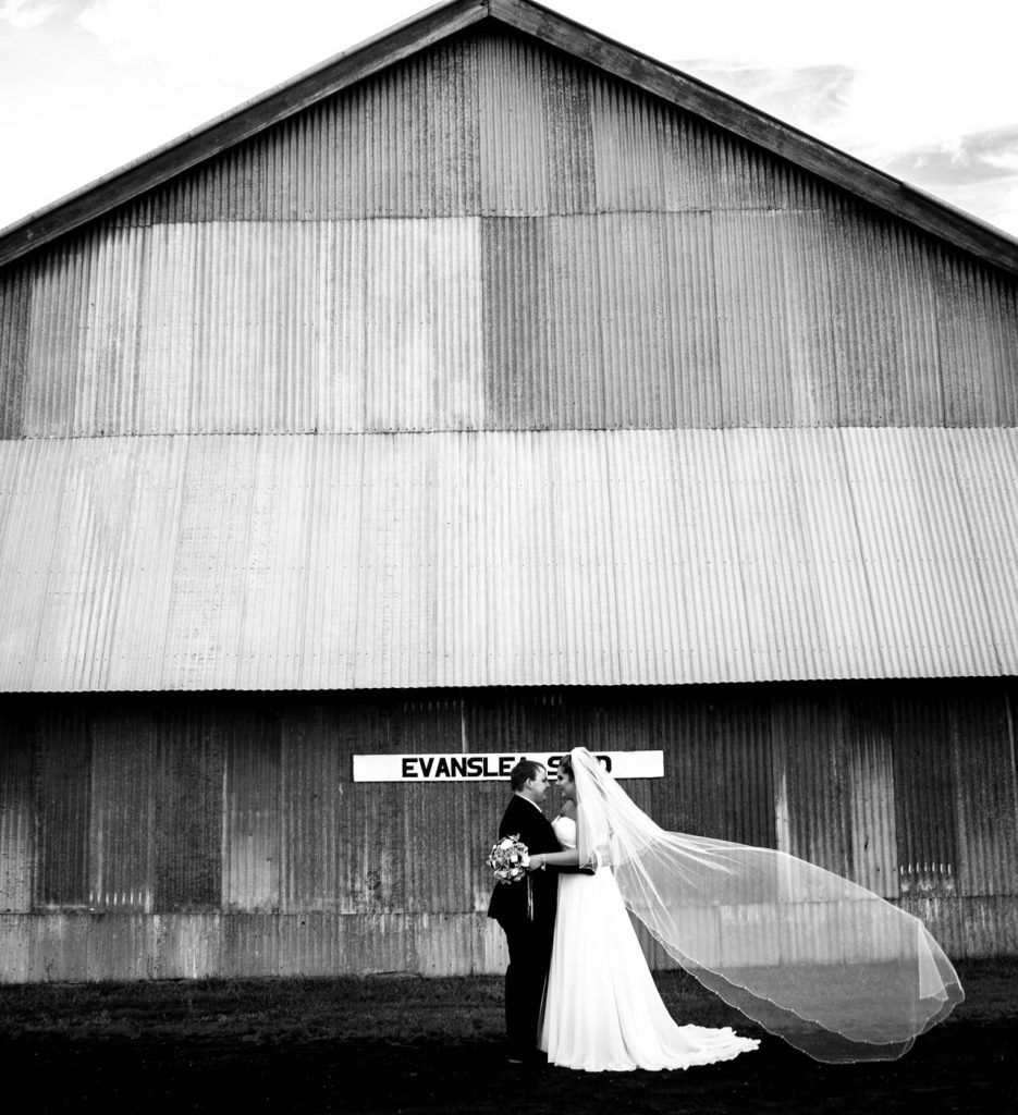Wedding Photography Black & White in front of shed