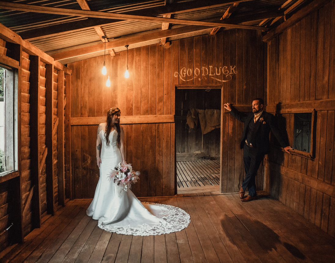 Wedding Photography Bride and groom in rustic room