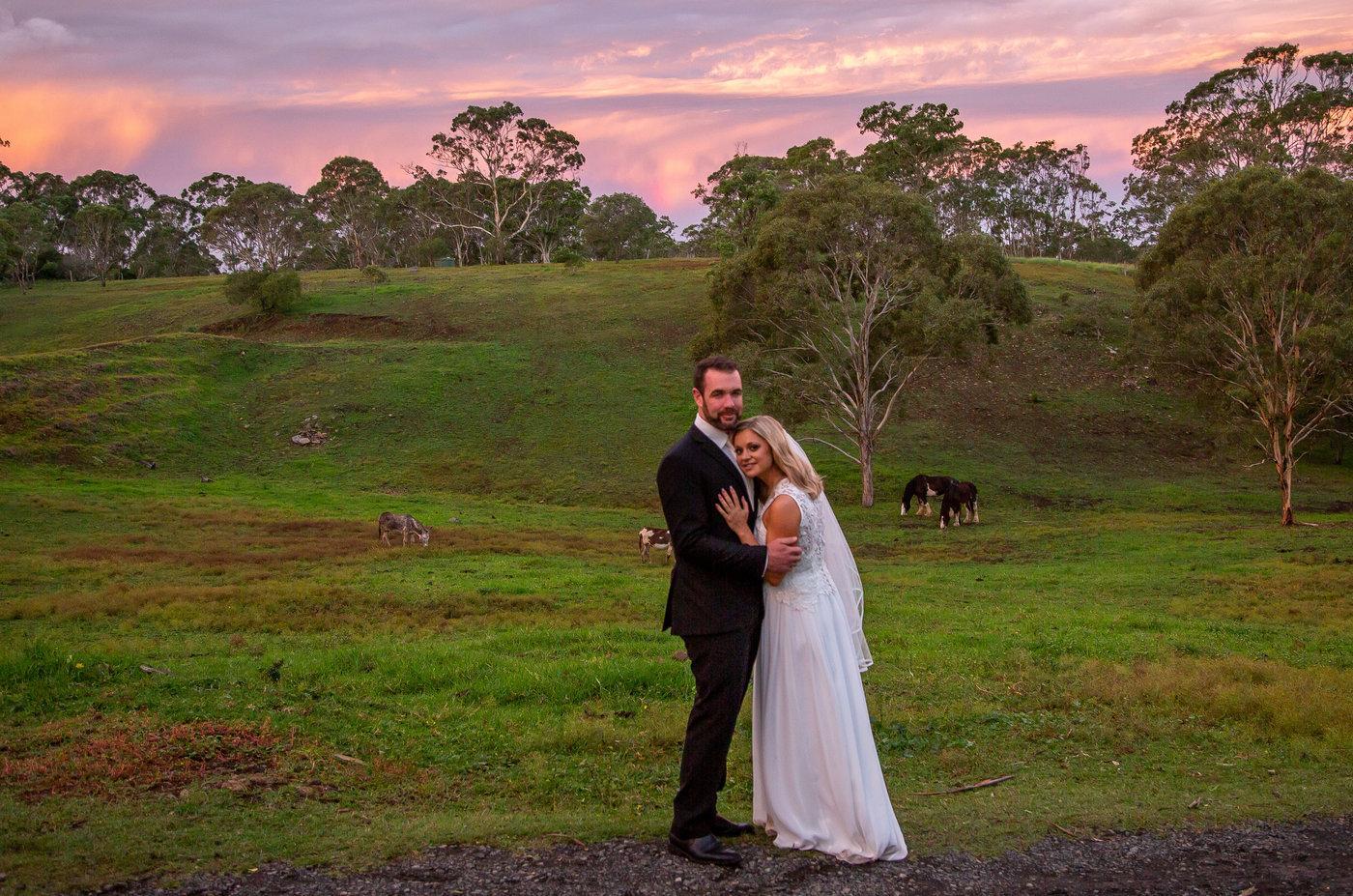 Wedding Photography couple on farm at sunset