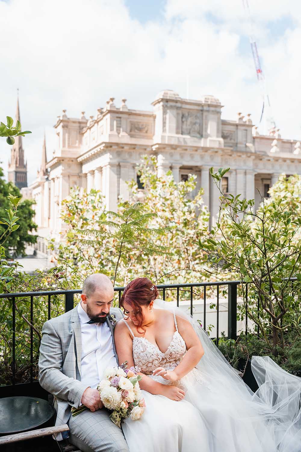 Destination Wedding Photography - Bride and Groom on Bench