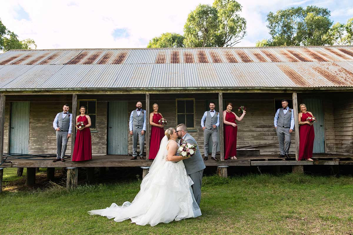 Wedding Photography - bridal party on rustic shed
