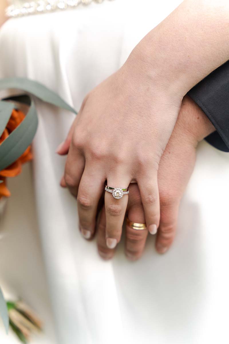 Wedding Photography – Close up of bride and groom hands with rings