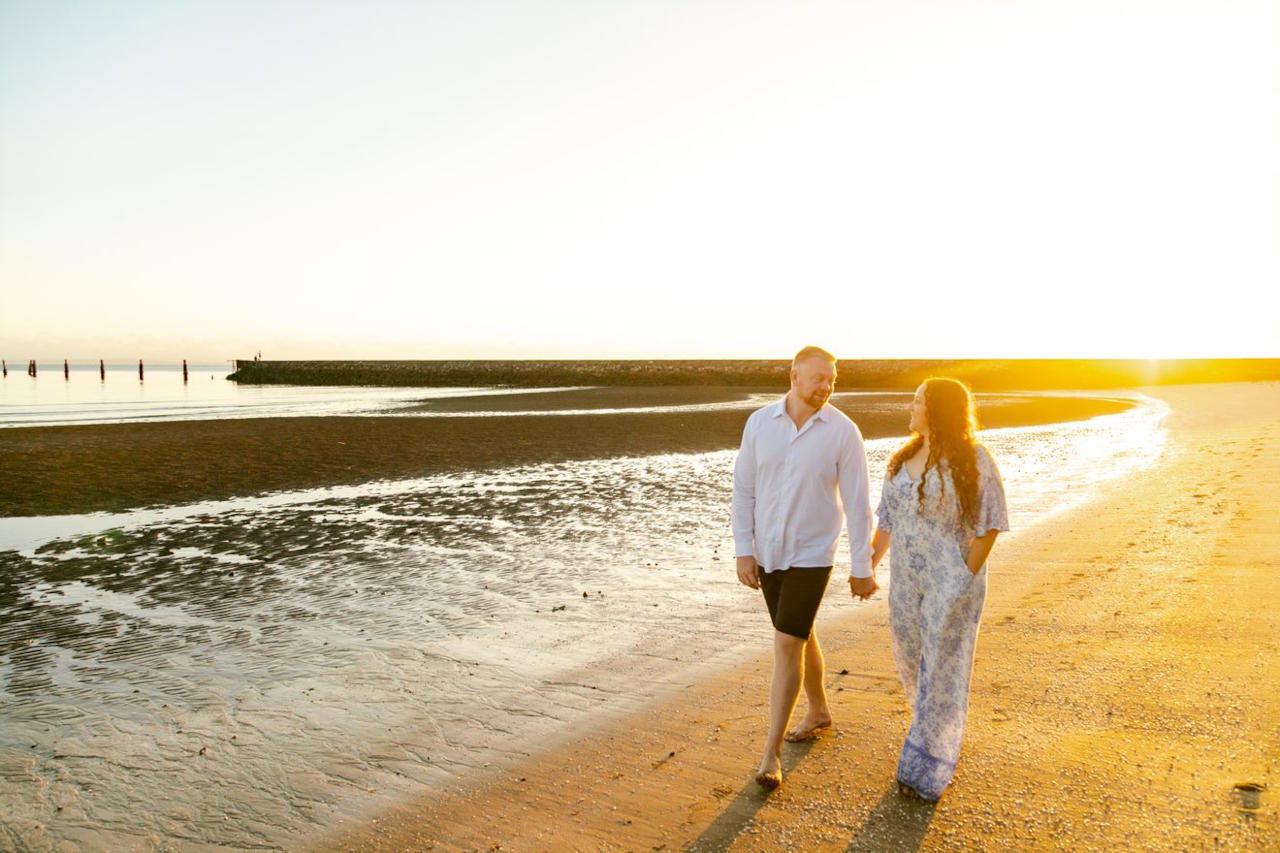 Engagement Photography - Sunrise Shorncliffe Pier - walking along the beach