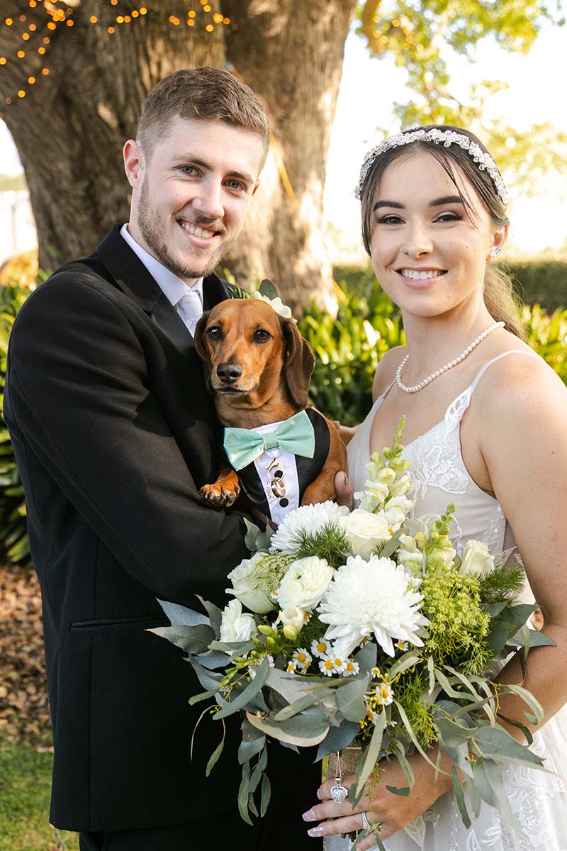 Wedding Photography - bride and groom holding a sausage dog