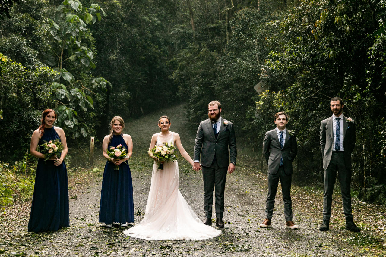 Lewis & Patricia O'Reillys Rainforest retreat Elopement - Bridesmaids and groomsmen with the newly wed