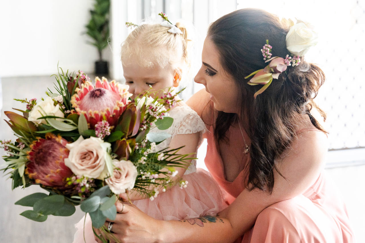 Cory Kaleisha Aberfeldy Barn wedding westbrook Child holding flowers