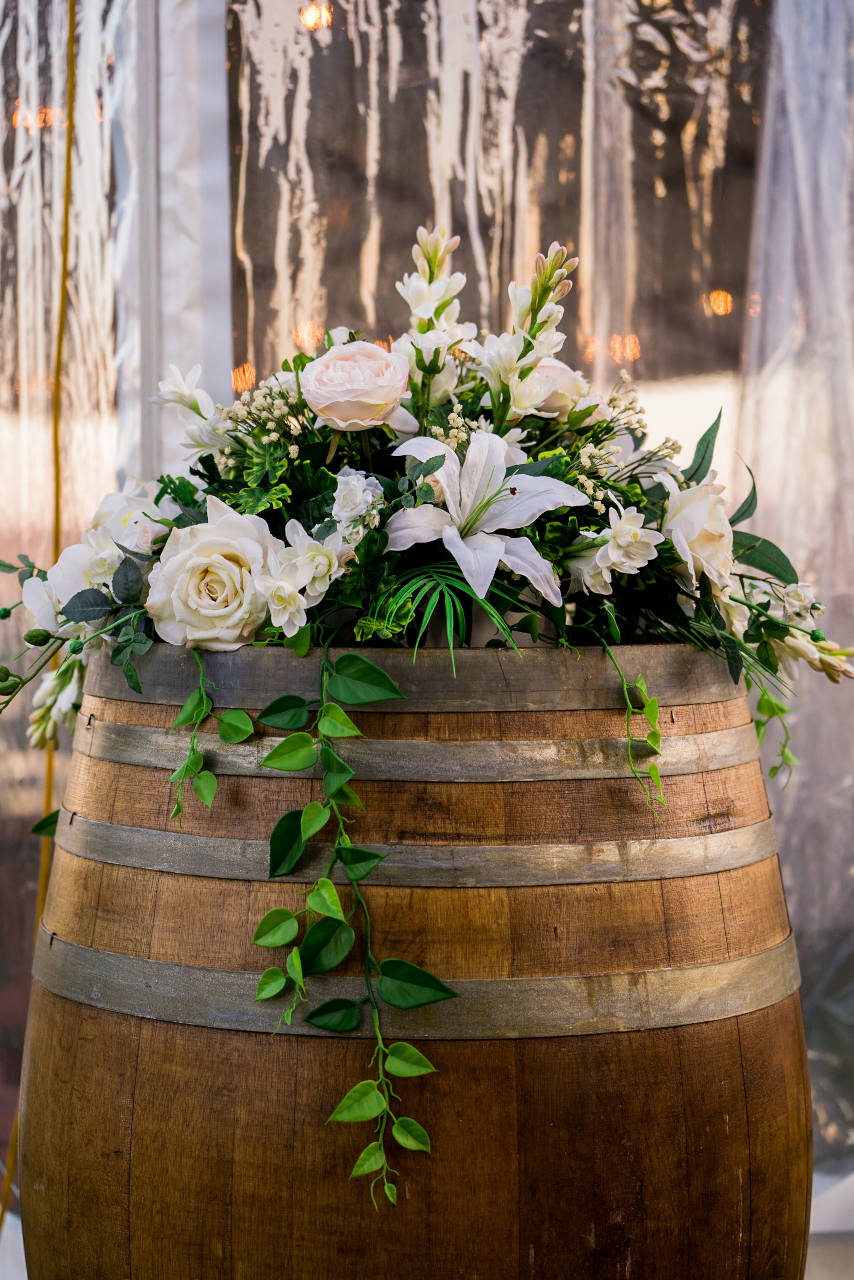 Tim and Natalia Exelby Barrel with flowers